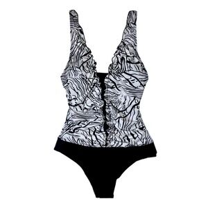 SELFIEGO One Piece Swimsuit ZEBRA Print Ruffle V Neck NWT Black Small Adjustable
